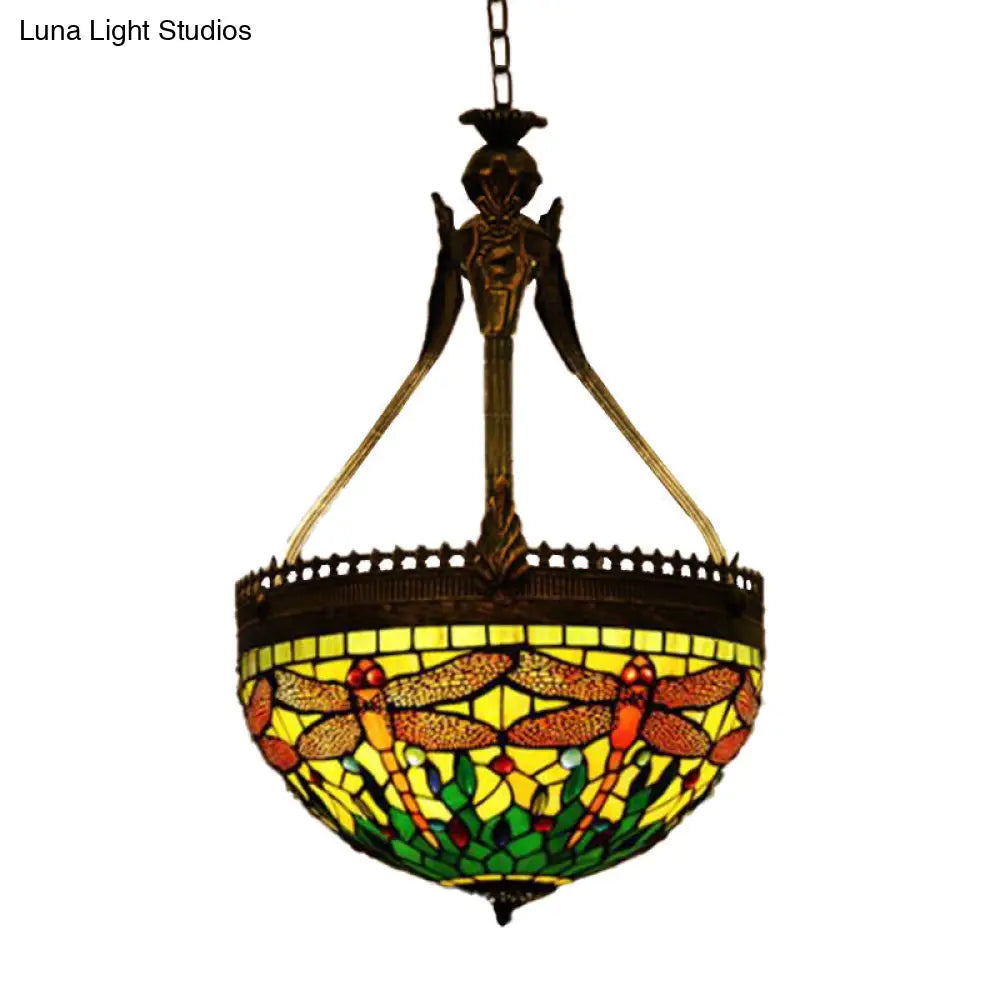 Tiffany Style Dragonfly Chandelier - Yellow/Orange/Pink & White Stained Glass Hanging Lamp - 3 Lights