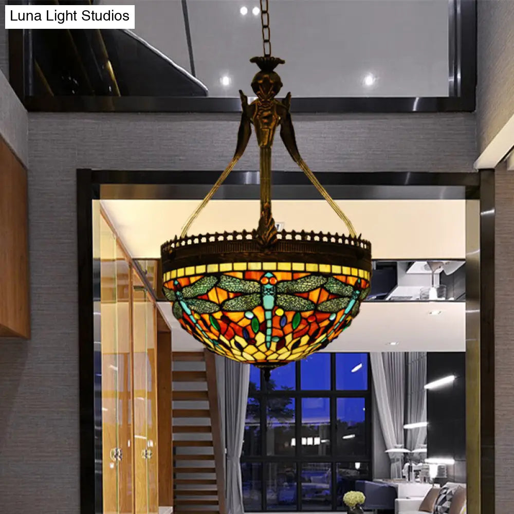 Tiffany Style Dragonfly Chandelier - Yellow/Orange/Pink & White Stained Glass Hanging Lamp - 3 Lights
