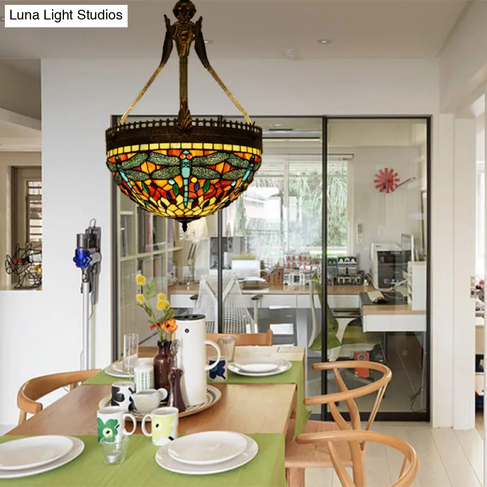 Tiffany Style Dragonfly Chandelier - Yellow/Orange/Pink & White Stained Glass Hanging Lamp - 3 Lights