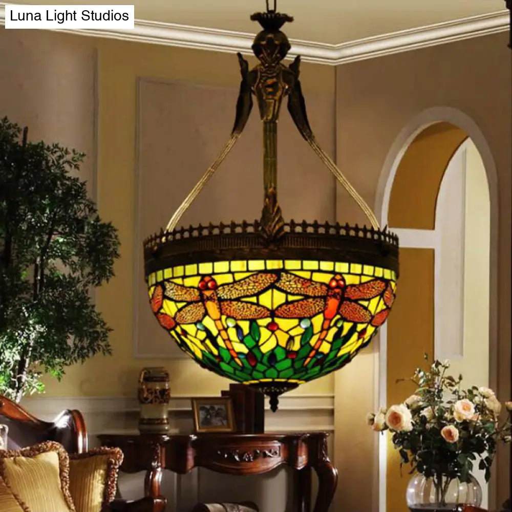 Tiffany Style Dragonfly Chandelier - Yellow/Orange/Pink & White Stained Glass Hanging Lamp - 3 Lights
