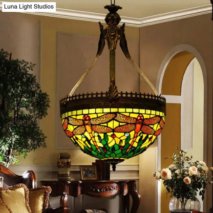 Tiffany Style Dragonfly Chandelier - Yellow/Orange/Pink & White Stained Glass Hanging Lamp - 3 Lights