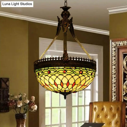 Tiffany Style Dragonfly Chandelier - Yellow/Orange/Pink & White Stained Glass Hanging Lamp - 3 Lights
