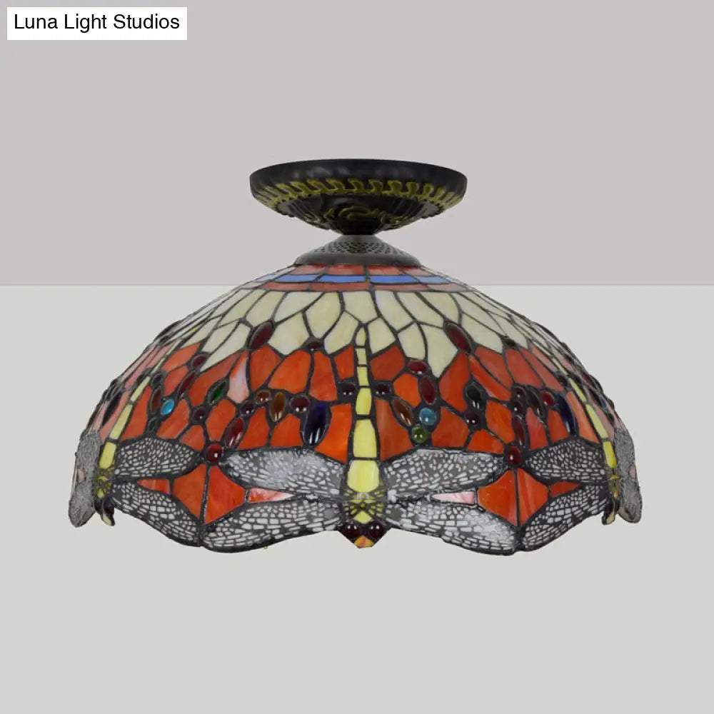 DecorBites™ DecorBites™ Tiffany-Style Dragonfly Cut Glass Ceiling Lamp - Brass Flush Mount Light Fixture, 16"/18" Width