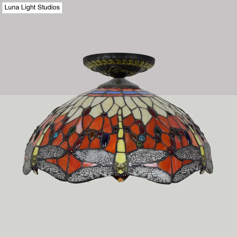 DecorBites™ DecorBites™ Tiffany-Style Dragonfly Cut Glass Ceiling Lamp - Brass Flush Mount Light Fixture, 16"/18" Width