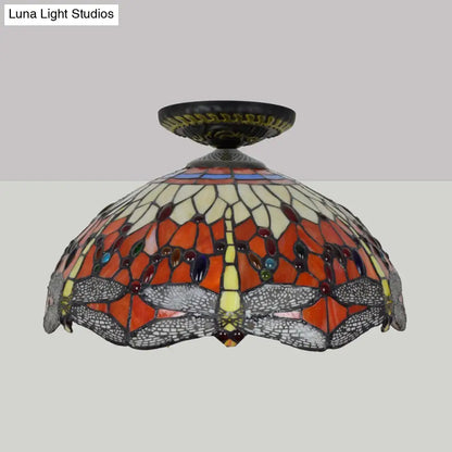 DecorBites™ DecorBites™ Tiffany-Style Dragonfly Cut Glass Ceiling Lamp - Brass Flush Mount Light Fixture, 16"/18" Width