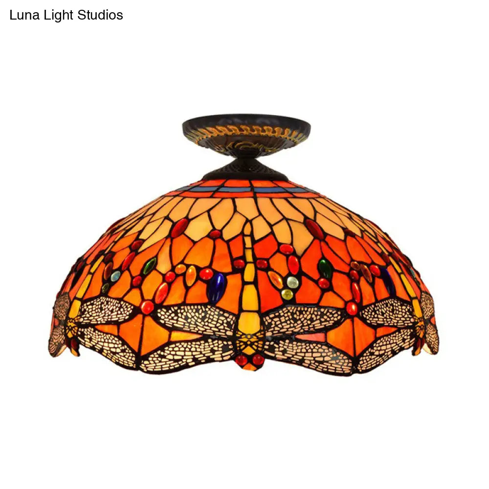DecorBites™ DecorBites™ Tiffany-Style Dragonfly Cut Glass Ceiling Lamp - Brass Flush Mount Light Fixture, 16"/18" Width