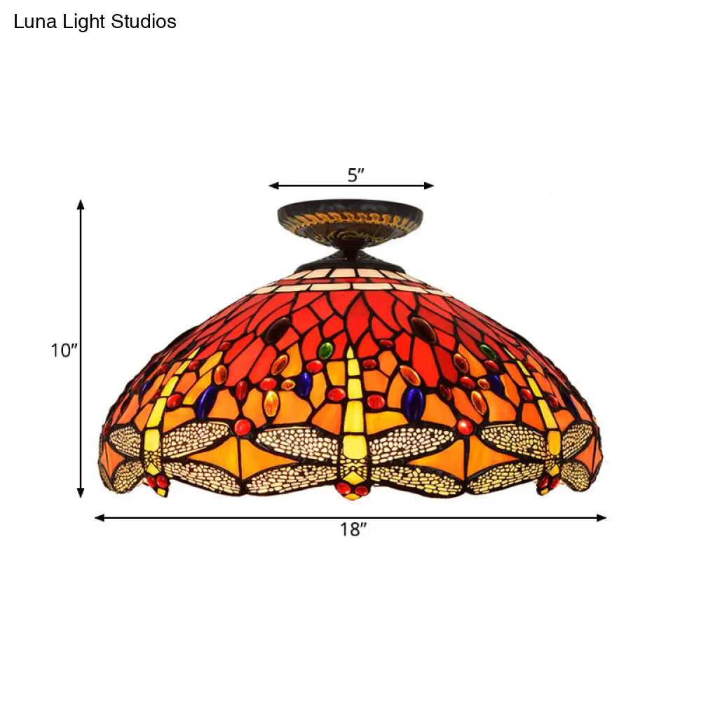 DecorBites™ DecorBites™ Tiffany-Style Dragonfly Cut Glass Ceiling Lamp - Brass Flush Mount Light Fixture, 16"/18" Width