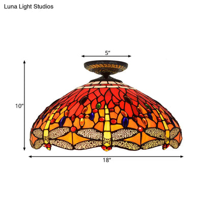 DecorBites™ DecorBites™ Tiffany-Style Dragonfly Cut Glass Ceiling Lamp - Brass Flush Mount Light Fixture, 16"/18" Width