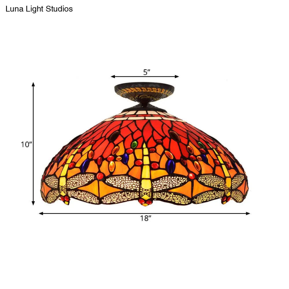DecorBites™ DecorBites™ Tiffany-Style Dragonfly Cut Glass Ceiling Lamp - Brass Flush Mount Light Fixture, 16"/18" Width