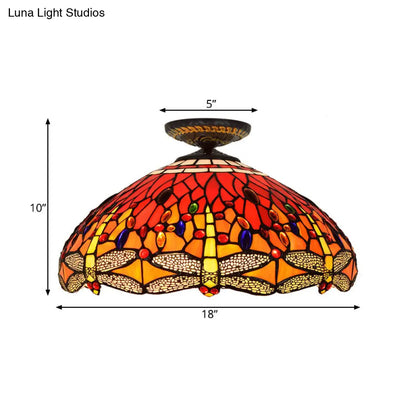 DecorBites™ DecorBites™ Tiffany-Style Dragonfly Cut Glass Ceiling Lamp - Brass Flush Mount Light Fixture, 16"/18" Width