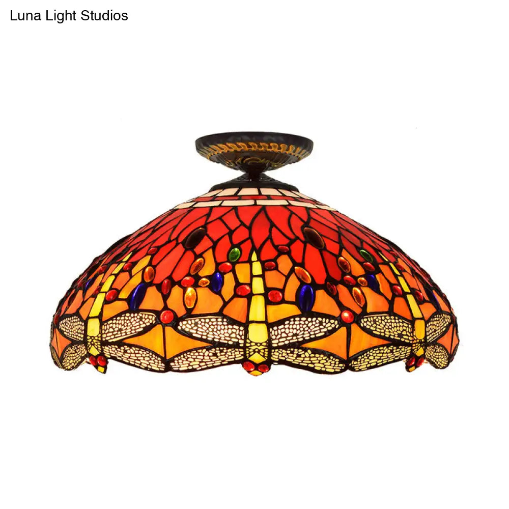 DecorBites™ DecorBites™ Tiffany-Style Dragonfly Cut Glass Ceiling Lamp - Brass Flush Mount Light Fixture, 16"/18" Width