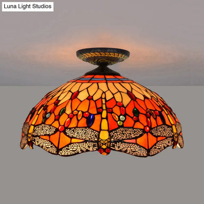 DecorBites™ DecorBites™ Tiffany-Style Dragonfly Cut Glass Ceiling Lamp - Brass Flush Mount Light Fixture, 16"/18" Width
