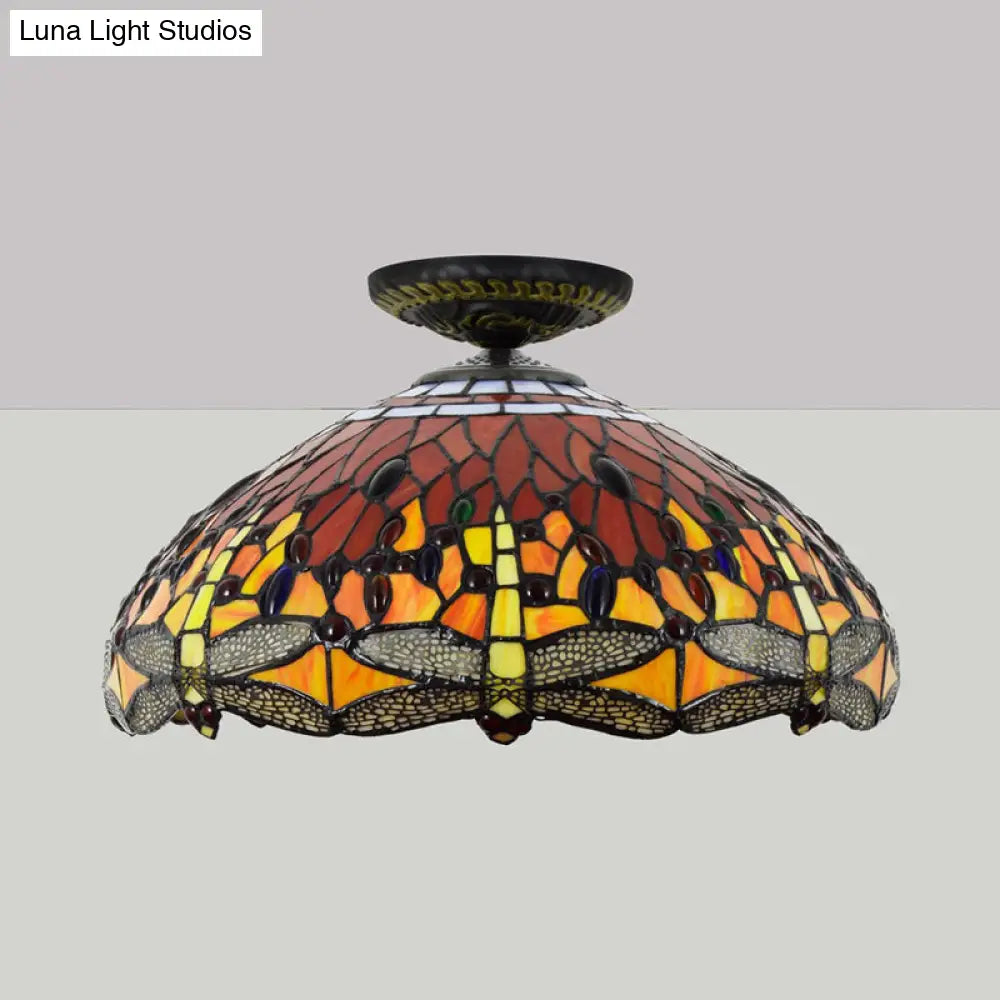 DecorBites™ DecorBites™ Tiffany-Style Dragonfly Cut Glass Ceiling Lamp - Brass Flush Mount Light Fixture, 16"/18" Width