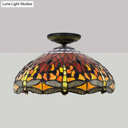 DecorBites™ DecorBites™ Tiffany-Style Dragonfly Cut Glass Ceiling Lamp - Brass Flush Mount Light Fixture, 16"/18" Width