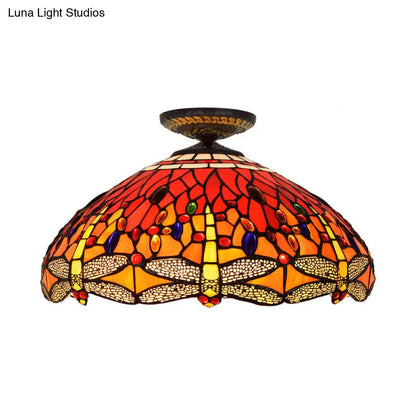 DecorBites™ DecorBites™ Tiffany-Style Dragonfly Cut Glass Ceiling Lamp - Brass Flush Mount Light Fixture, 16"/18" Width