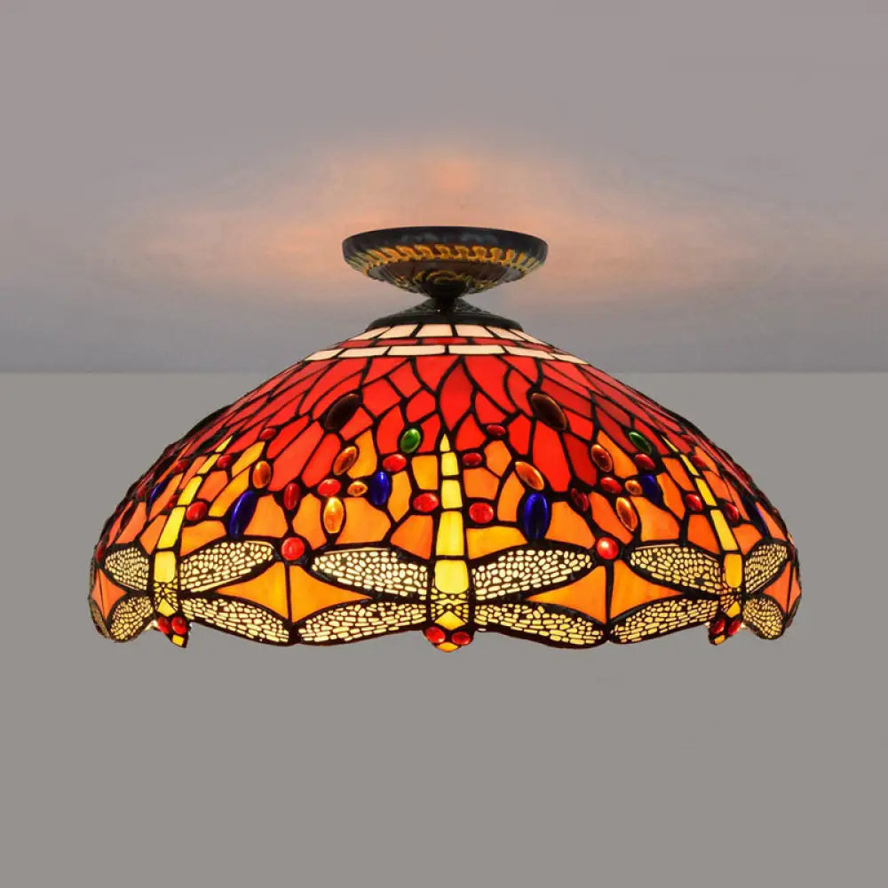 DecorBites™ DecorBites™ Tiffany-Style Dragonfly Cut Glass Ceiling Lamp - Brass Flush Mount Light Fixture, 16"/18" Width