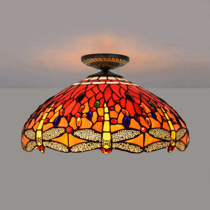 DecorBites™ DecorBites™ Tiffany-Style Dragonfly Cut Glass Ceiling Lamp - Brass Flush Mount Light Fixture, 16"/18" Width