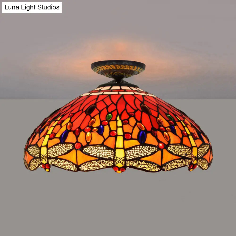 DecorBites™ DecorBites™ Tiffany-Style Dragonfly Cut Glass Ceiling Lamp - Brass Flush Mount Light Fixture, 16"/18" Width