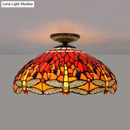 DecorBites™ DecorBites™ Tiffany-Style Dragonfly Cut Glass Ceiling Lamp - Brass Flush Mount Light Fixture, 16"/18" Width