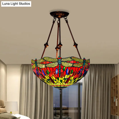 DecorBites™ DecorBites™ Tiffany Style Dragonfly Semi-Flush Ceiling Light with 2 Red/Orange Cut Glass Lights and Bronze Finish for Living Room