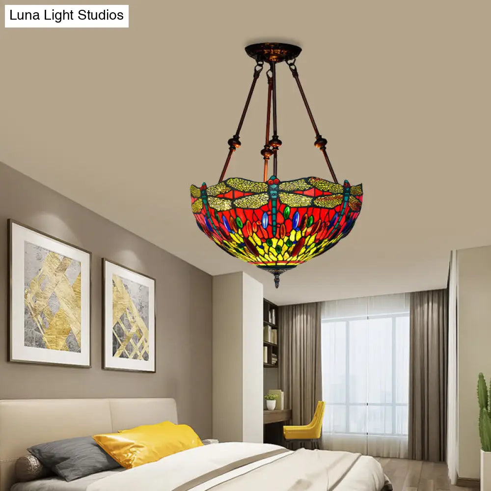 DecorBites™ DecorBites™ Tiffany Style Dragonfly Semi-Flush Ceiling Light with 2 Red/Orange Cut Glass Lights and Bronze Finish for Living Room