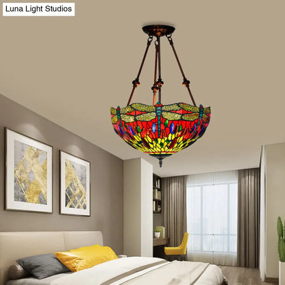 DecorBites™ DecorBites™ Tiffany Style Dragonfly Semi-Flush Ceiling Light with 2 Red/Orange Cut Glass Lights and Bronze Finish for Living Room