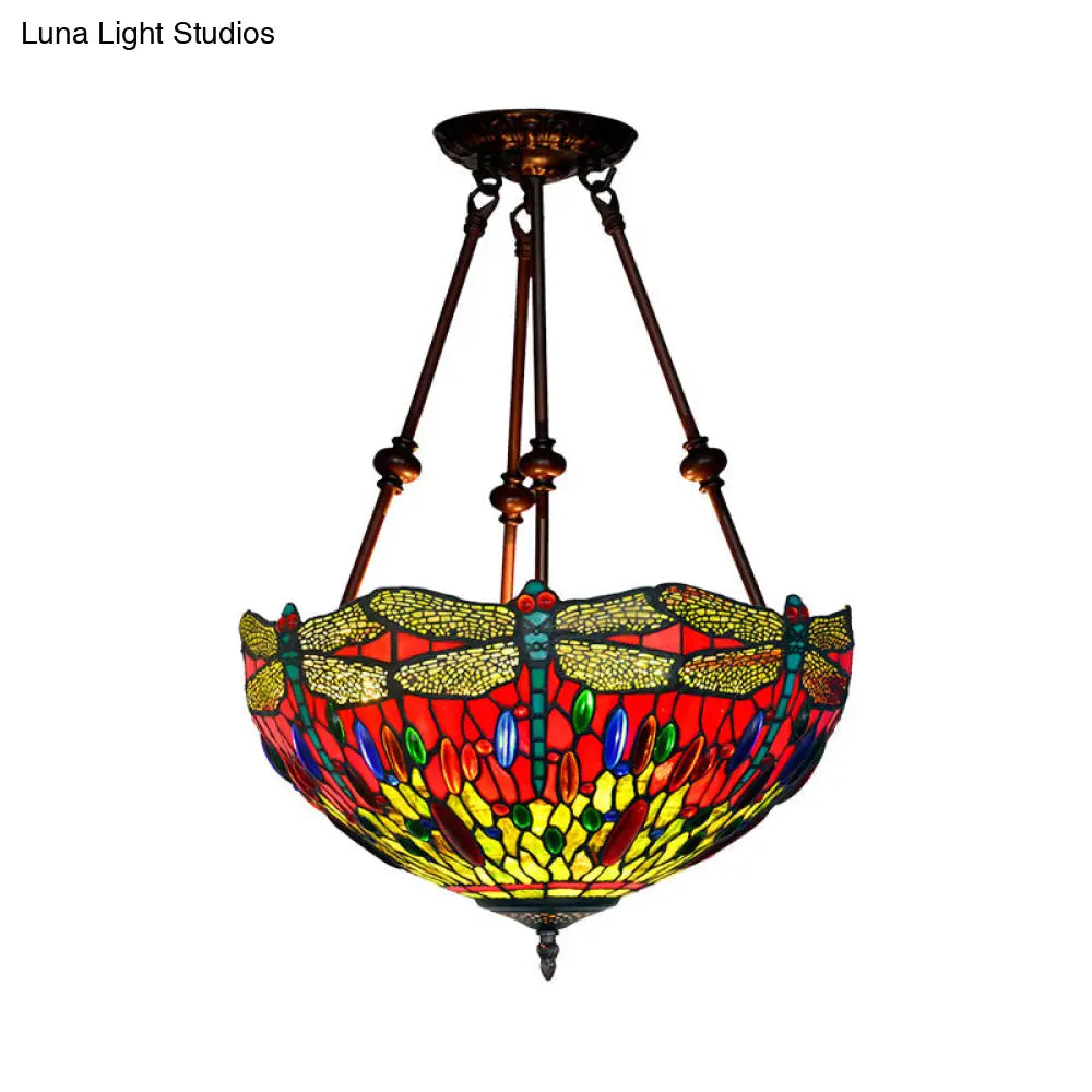 DecorBites™ DecorBites™ Tiffany Style Dragonfly Semi-Flush Ceiling Light with 2 Red/Orange Cut Glass Lights and Bronze Finish for Living Room