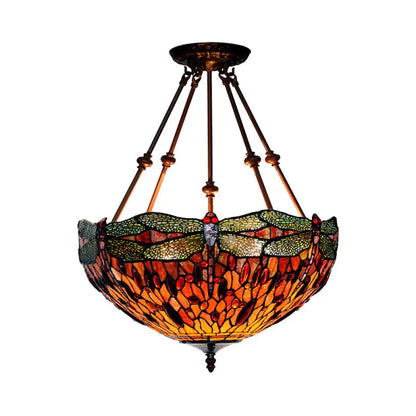 DecorBites™ DecorBites™ Tiffany Style Dragonfly Semi-Flush Ceiling Light with 2 Red/Orange Cut Glass Lights and Bronze Finish for Living Room