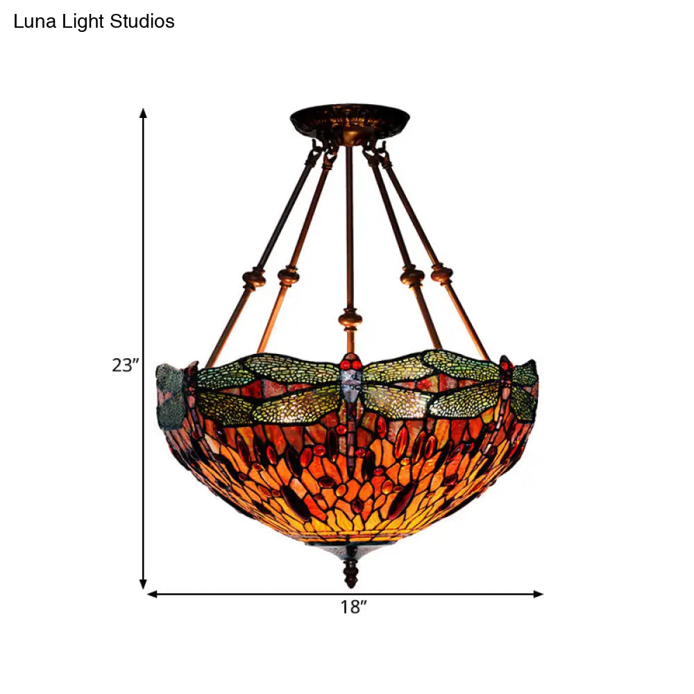 DecorBites™ DecorBites™ Tiffany Style Dragonfly Semi-Flush Ceiling Light with 2 Red/Orange Cut Glass Lights and Bronze Finish for Living Room