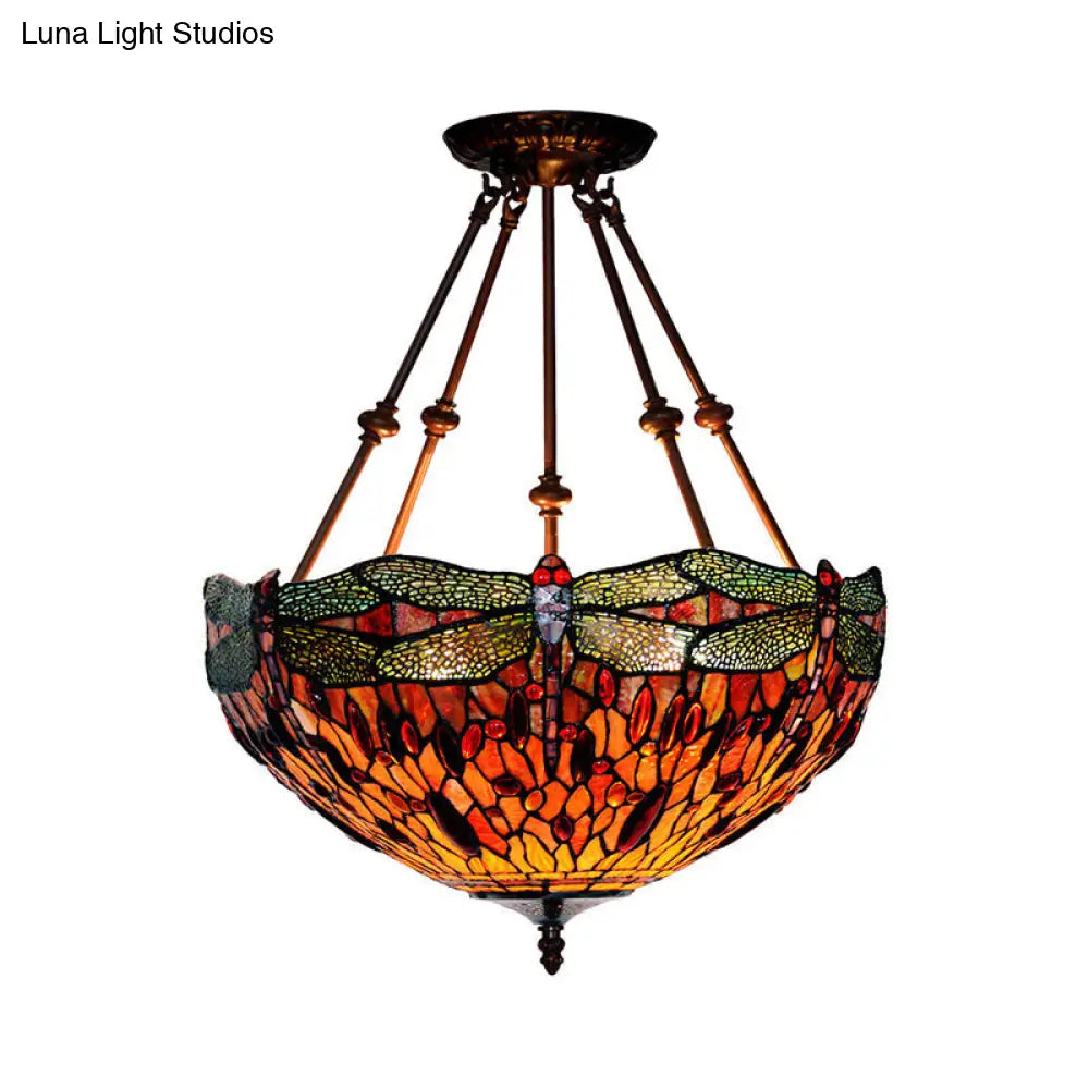 DecorBites™ DecorBites™ Tiffany Style Dragonfly Semi-Flush Ceiling Light with 2 Red/Orange Cut Glass Lights and Bronze Finish for Living Room