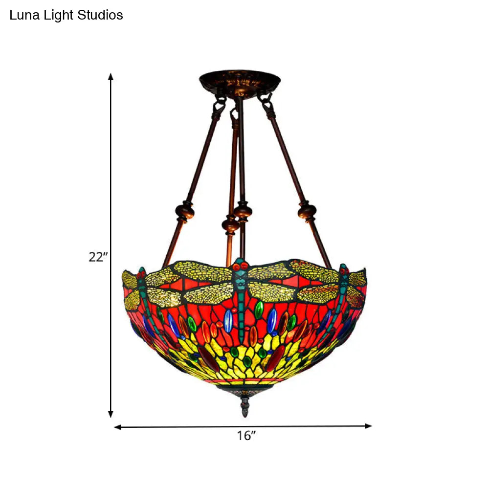 DecorBites™ DecorBites™ Tiffany Style Dragonfly Semi-Flush Ceiling Light with 2 Red/Orange Cut Glass Lights and Bronze Finish for Living Room