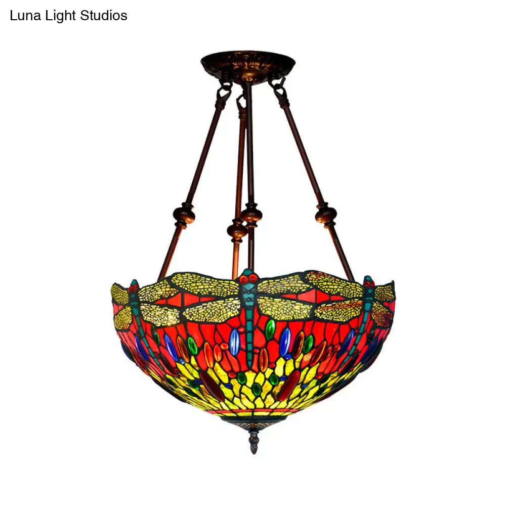 DecorBites™ DecorBites™ Tiffany Style Dragonfly Semi-Flush Ceiling Light with 2 Red/Orange Cut Glass Lights and Bronze Finish for Living Room