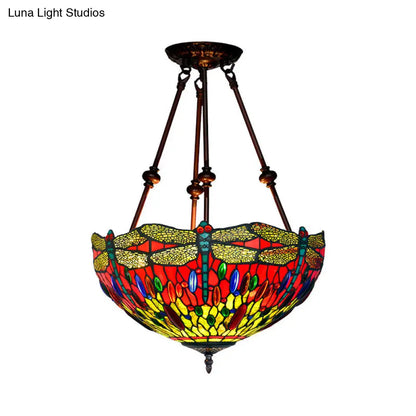 DecorBites™ DecorBites™ Tiffany Style Dragonfly Semi-Flush Ceiling Light with 2 Red/Orange Cut Glass Lights and Bronze Finish for Living Room