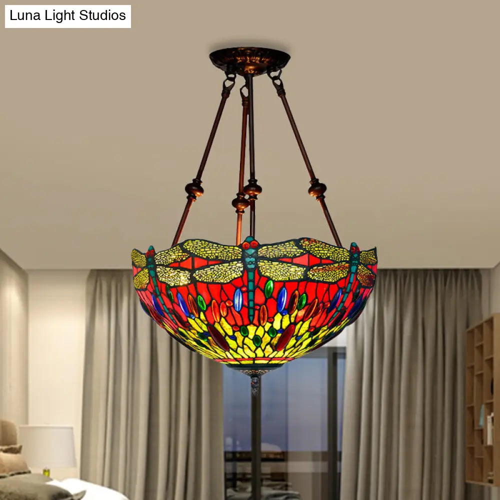 DecorBites™ DecorBites™ Tiffany Style Dragonfly Semi-Flush Ceiling Light with 2 Red/Orange Cut Glass Lights and Bronze Finish for Living Room