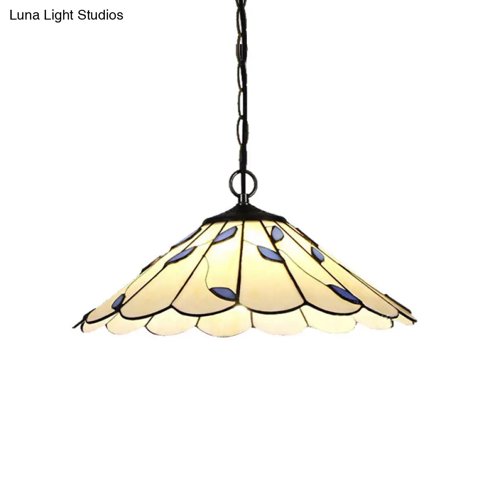 Tiffany-Style Flared Pendant Ceiling Light - Beige Stained Glass with Leaf Pattern