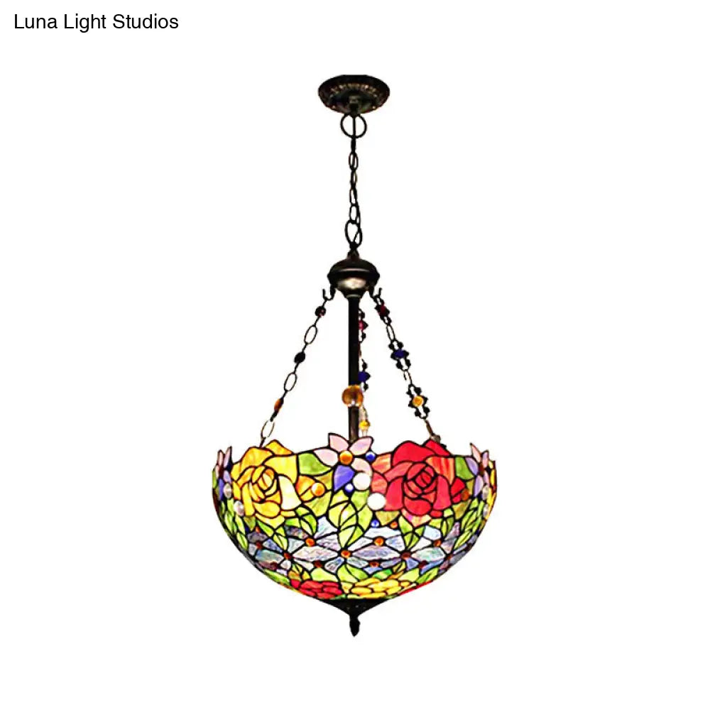 Tiffany Style Floral Suspension Lamp: Stainless Glass Pendant Light with Red and Yellow Bowl Shade