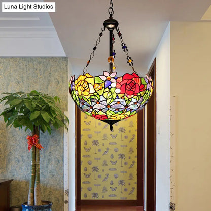 Tiffany Style Floral Suspension Lamp: Stainless Glass Pendant Light with Red and Yellow Bowl Shade