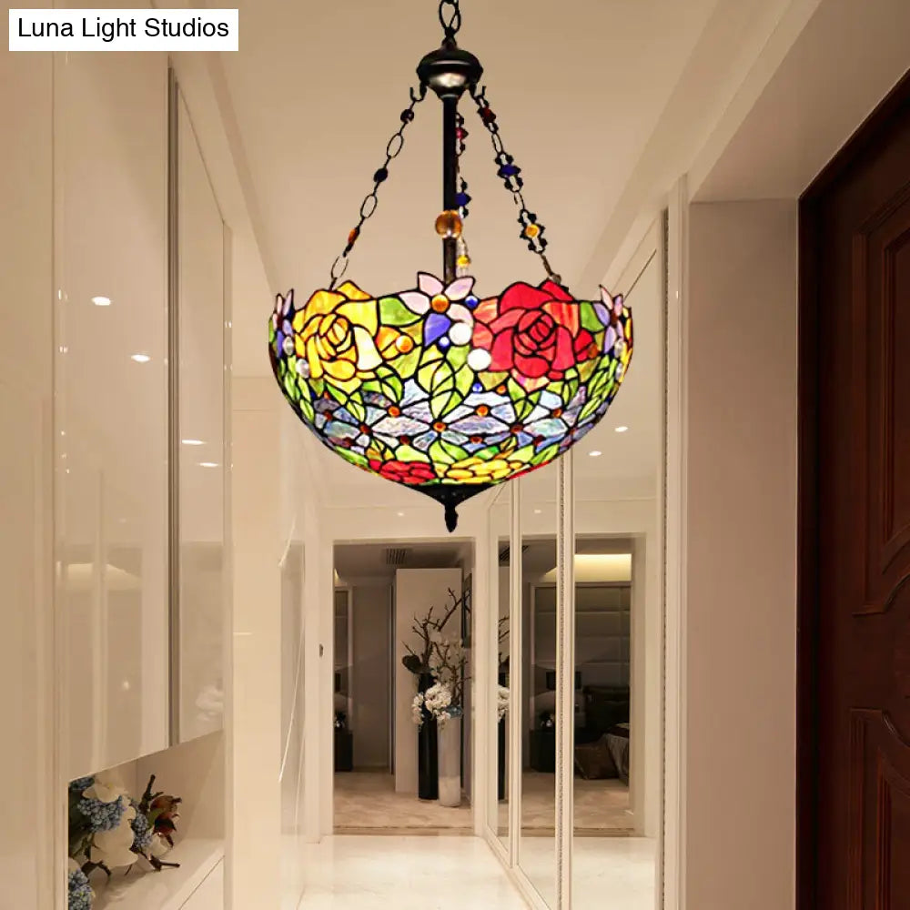 Tiffany Style Floral Suspension Lamp: Stainless Glass Pendant Light with Red and Yellow Bowl Shade