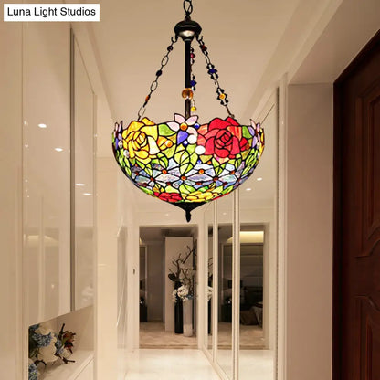 Tiffany Style Floral Suspension Lamp: Stainless Glass Pendant Light with Red and Yellow Bowl Shade