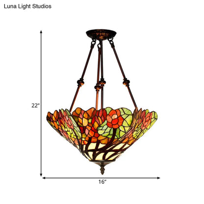 DecorBites™ DecorBites™ Tiffany Style Flower Cut Glass Semi Mount Ceiling Flush Light - Red/Orange/Blue - 2 Lights - Bronze - Bedroom