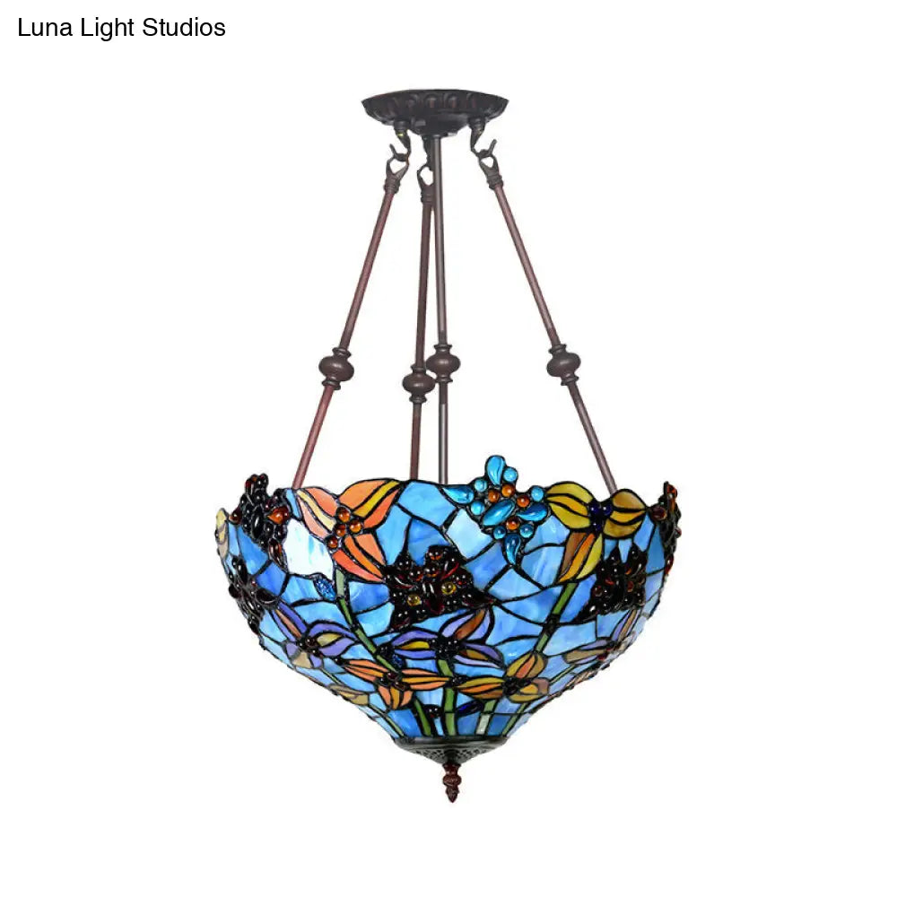 DecorBites™ DecorBites™ Tiffany Style Flower Cut Glass Semi Mount Ceiling Flush Light - Red/Orange/Blue - 2 Lights - Bronze - Bedroom