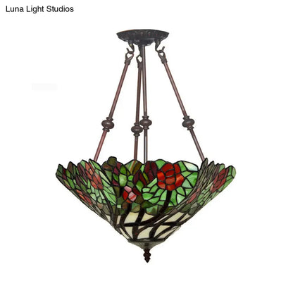 DecorBites™ DecorBites™ Tiffany Style Flower Cut Glass Semi Mount Ceiling Flush Light - Red/Orange/Blue - 2 Lights - Bronze - Bedroom