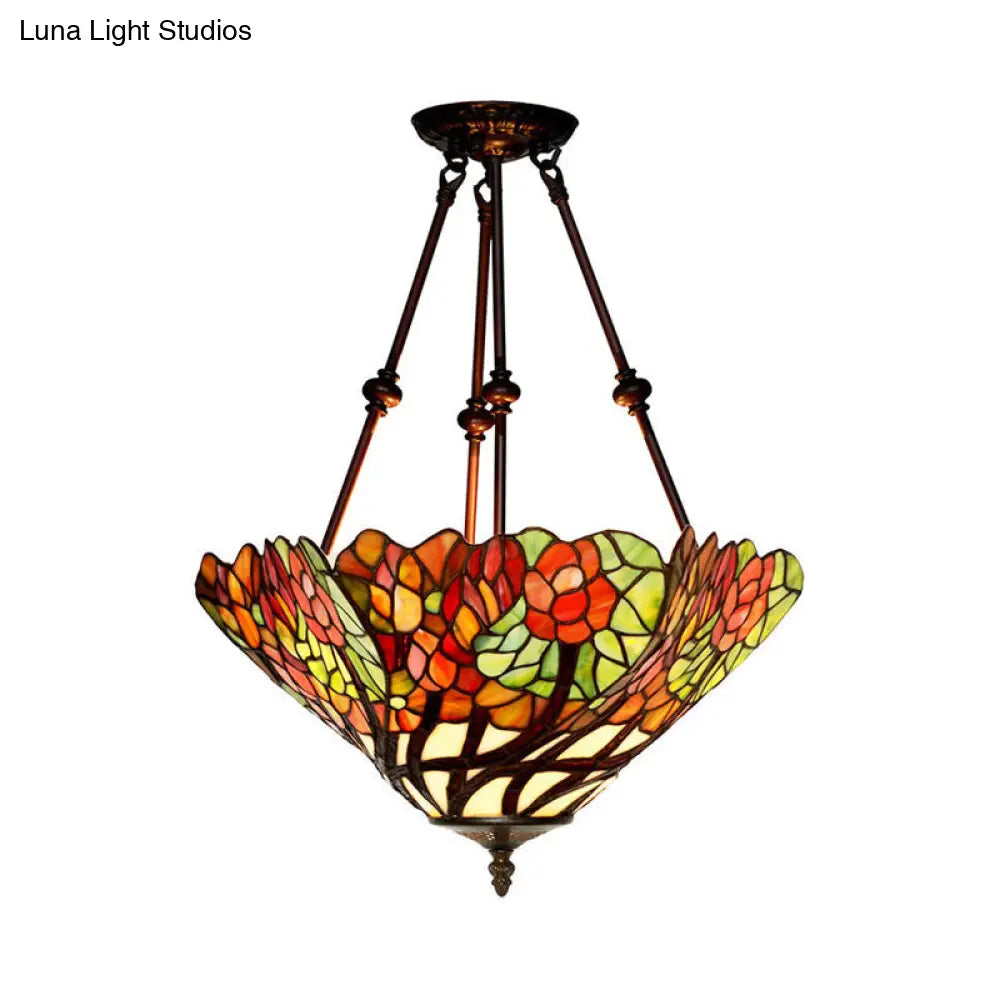 DecorBites™ DecorBites™ Tiffany Style Flower Cut Glass Semi Mount Ceiling Flush Light - Red/Orange/Blue - 2 Lights - Bronze - Bedroom