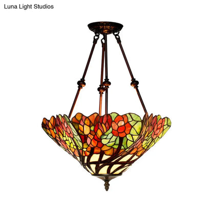 DecorBites™ DecorBites™ Tiffany Style Flower Cut Glass Semi Mount Ceiling Flush Light - Red/Orange/Blue - 2 Lights - Bronze - Bedroom
