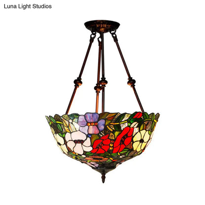 DecorBites™ DecorBites™ Tiffany Style Flower Cut Glass Semi Mount Ceiling Flush Light - Red/Orange/Blue - 2 Lights - Bronze - Bedroom