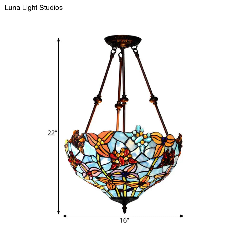 DecorBites™ DecorBites™ Tiffany Style Flower Cut Glass Semi Mount Ceiling Flush Light - Red/Orange/Blue - 2 Lights - Bronze - Bedroom