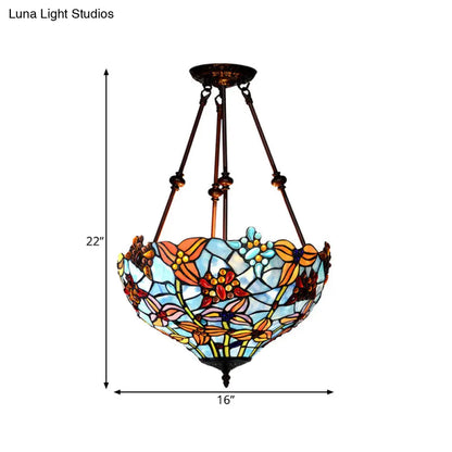 DecorBites™ DecorBites™ Tiffany Style Flower Cut Glass Semi Mount Ceiling Flush Light - Red/Orange/Blue - 2 Lights - Bronze - Bedroom