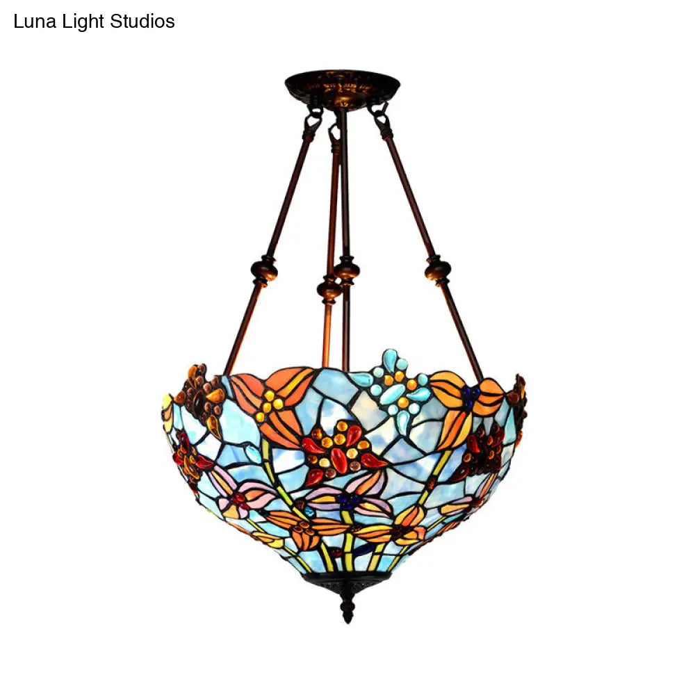 DecorBites™ DecorBites™ Tiffany Style Flower Cut Glass Semi Mount Ceiling Flush Light - Red/Orange/Blue - 2 Lights - Bronze - Bedroom