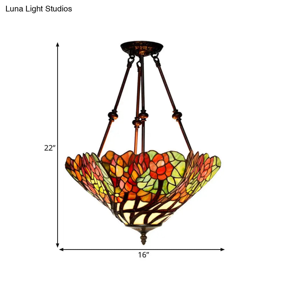 DecorBites™ DecorBites™ Tiffany Style Flower Cut Glass Semi Mount Ceiling Flush Light - Red/Orange/Blue - 2 Lights - Bronze - Bedroom