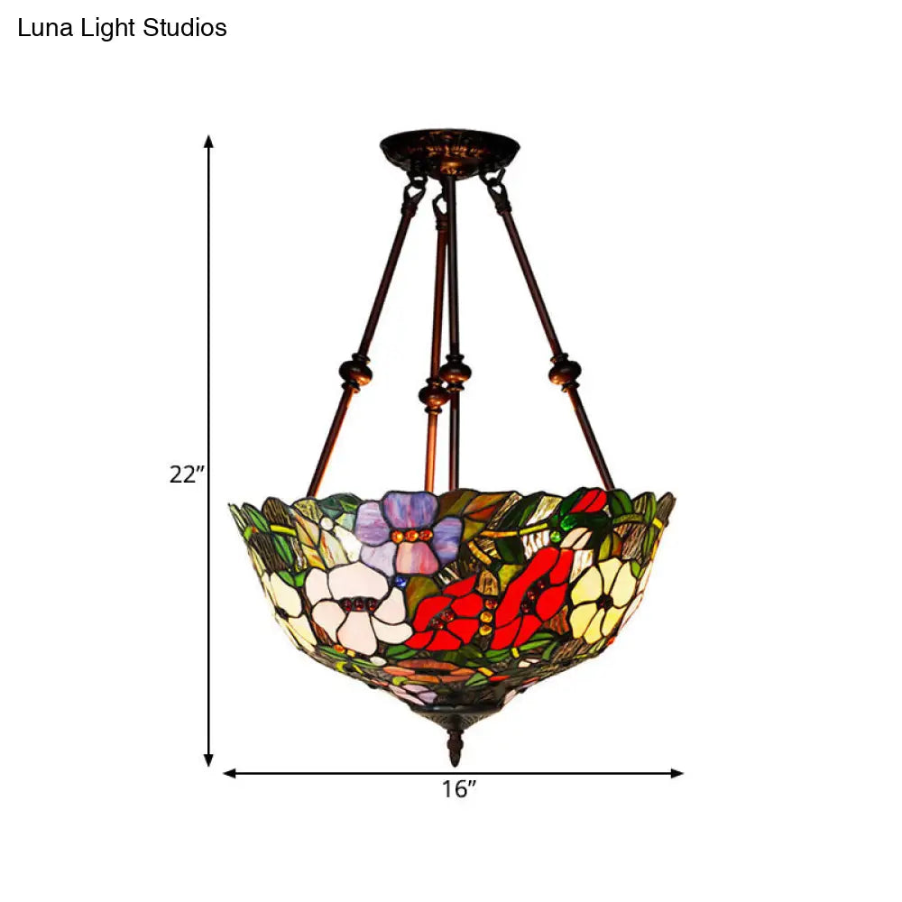 DecorBites™ DecorBites™ Tiffany Style Flower Cut Glass Semi Mount Ceiling Flush Light - Red/Orange/Blue - 2 Lights - Bronze - Bedroom